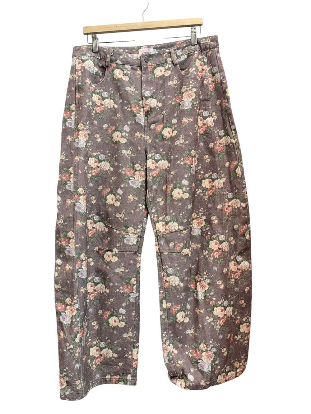 Pink Lily Floral Print Barrel Leg Jeans Cottagecore Size XL
